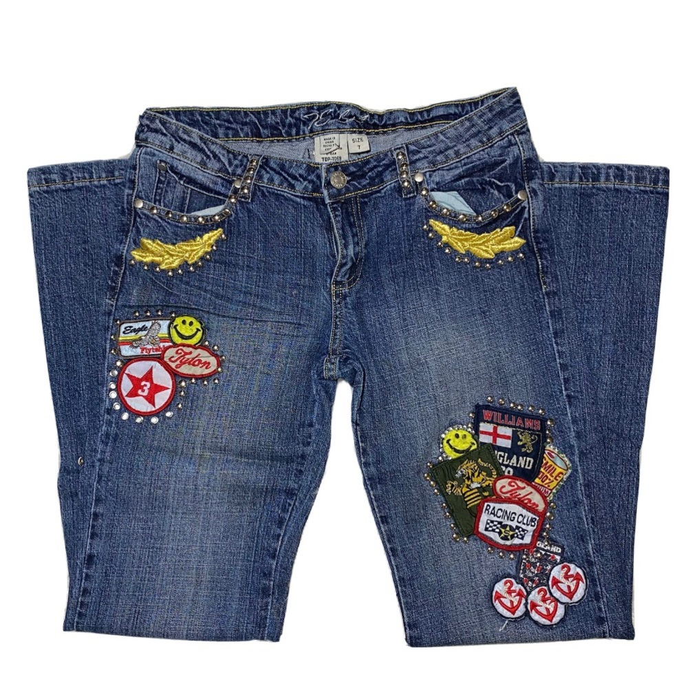 TELL Stretch Denim Works Studded Boot Cut Patched Women’s Jeans Size 7
